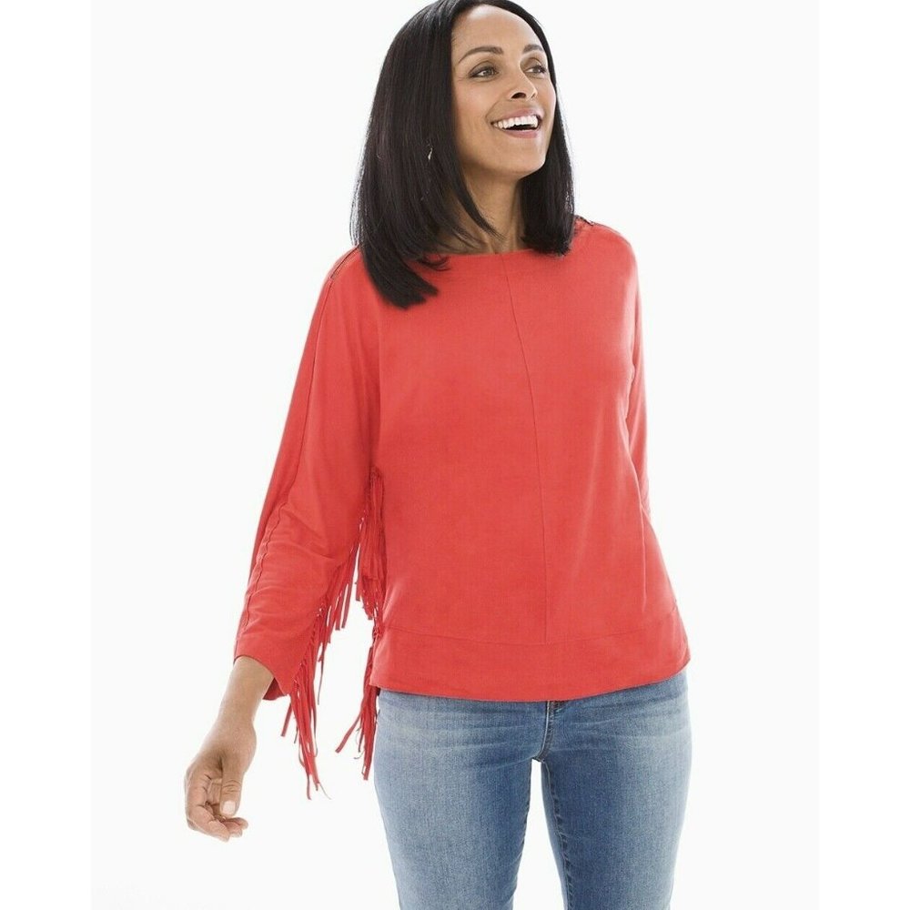 CHICO’S 4 FAUX-SUEDE FRINGE STRETCHY SOFT ZIPPED SHOULDERS LOOSE FIT TOP